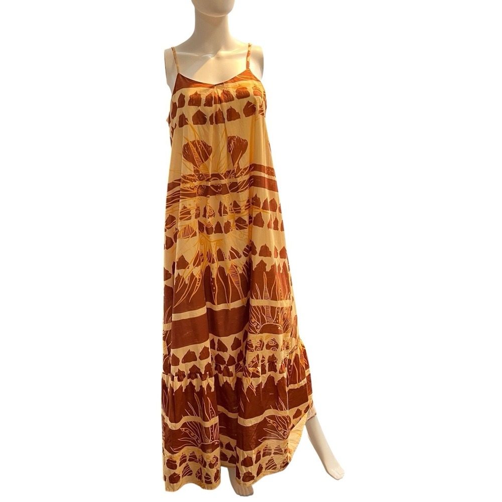 Magari Dress Brown Southwestern Print Maxi Tiered Sundress S Vacation‎ Resort